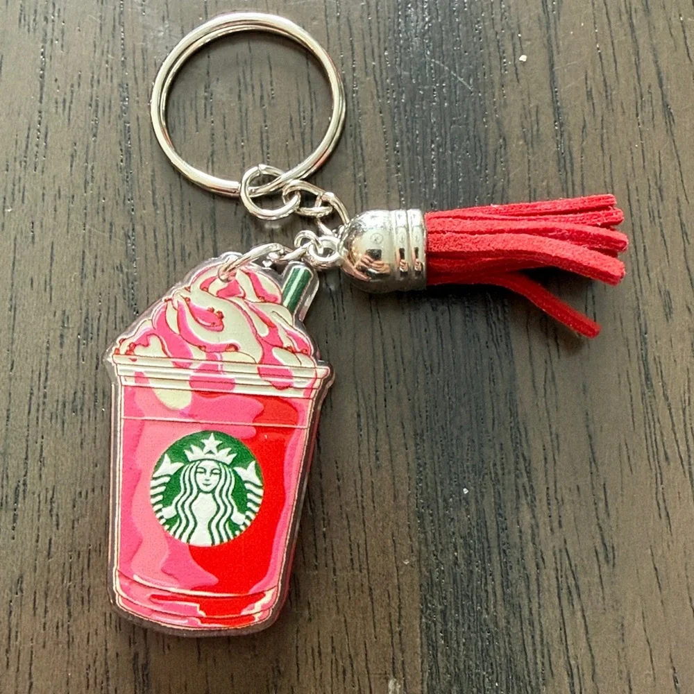 Starbucks inspired Pink Red and White Frappuccino Keychain with red tassle